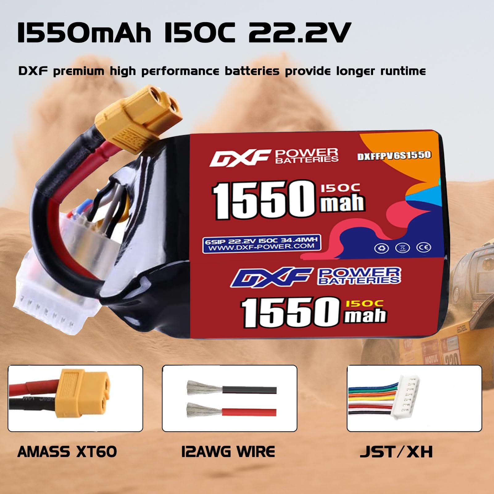 DXF 6S 1550 mAh Lipo Akku 22,2 V 150 C mit XT60 Stecker RC Graphen Akku für FPV-Drohne Quadcopter Hubschrauber Flugzeug RC Boot Autorennen Modelle (2 Stück)