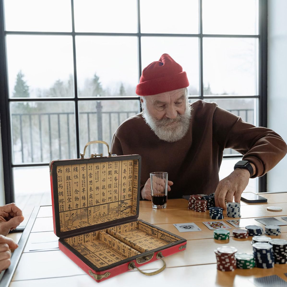 Caja de Almacenamiento de Madera Cierre Hermético para Mahjong y Uso Multifuncional, Diseño Portátil Color Rojo Adecuado para Tienda y Hogar