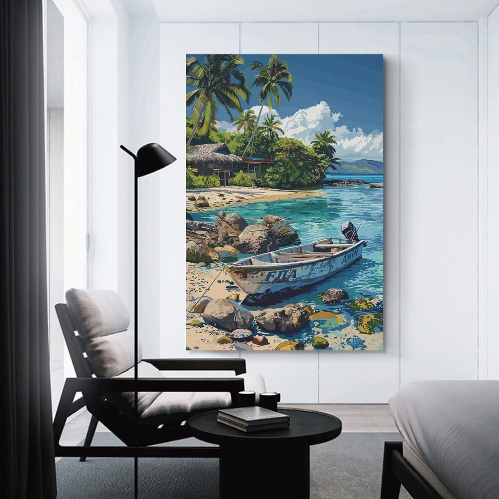 Junmoney Tropical Beach with Boat And Hut Canvas Wall Picture 20x30inch(50x75cm), for Living Room, Bedroom Or Apartment Walls, Modern Wall Decor for Cosy Interiors