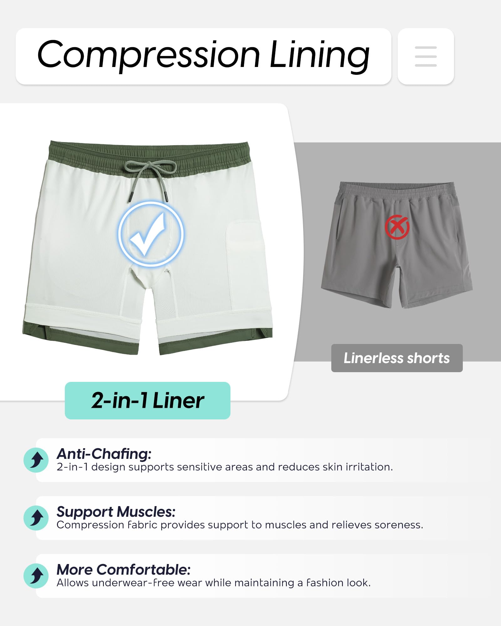 maamgic Pantaloncini da palestra da uomo 17,8 cm cavallo con fodera elasticizzata 2 in 1 pantaloncini da allenamento da uomo ad asciugatura rapida atletica pantaloncini da corsa