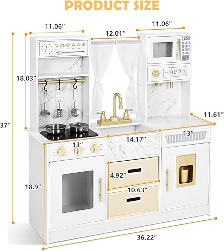 Miniatura 2 de JOYLDIAS Juego de cocina de madera para niños, juego de cocina de chef con dispensador de cubitos de hielo, horno, accesorios de cocina, estilo