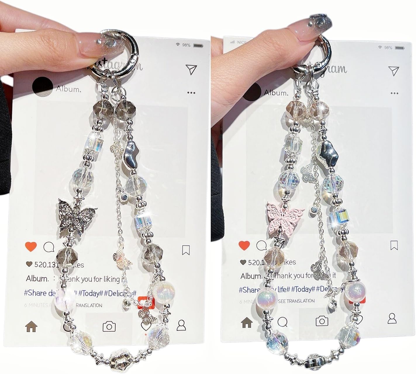 2Pcs Butterfly Charm Set , Y2K Phone Charm Wrist Strap, Bling Iridescent Crystal Beads Wrist Strap, Best Friends Gift for Women and Girls, Universal Rhinestone Beaded Lanyard, Phone Charms Pink, Keychains for Women, purse, Bag charms for handbags (1Gray & 1Pink)