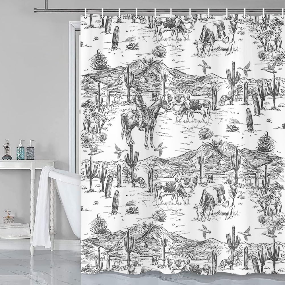 Western Cowboy Shower Curtain, Wild West Horseh Desert Cactus Restroom Curtain, Vintage Milk Cow Wild Goose Printed Country Farm Hand Drawn Fabric Bathroom Decor Curtain Set for Boys Kids Men