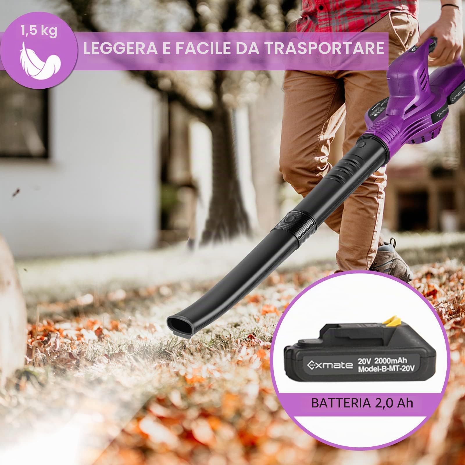 Exmate Batteria soffiatore per foglie, set elettrico con 2 batterie al litio da 2,0 AH e caricatore, 20 V, 130 MPH, può essere utilizzato per rimuovere foglie, sporco, neve, terrazze, terrazze,