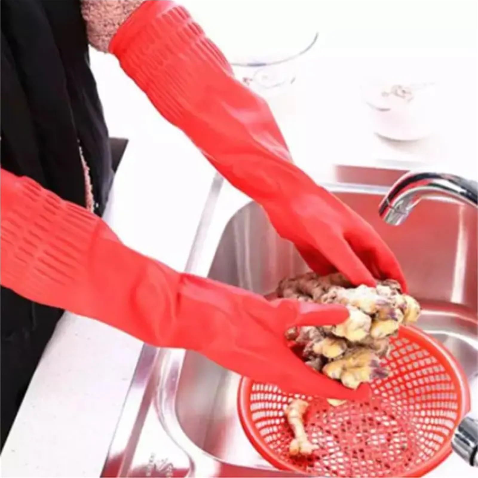 3 uds 38cm guantes for lavandería doméstica limpieza de cocina for lavar platos látex goma gruesa alargada antideslizante resistente al desgaste Para Cocina(Red)