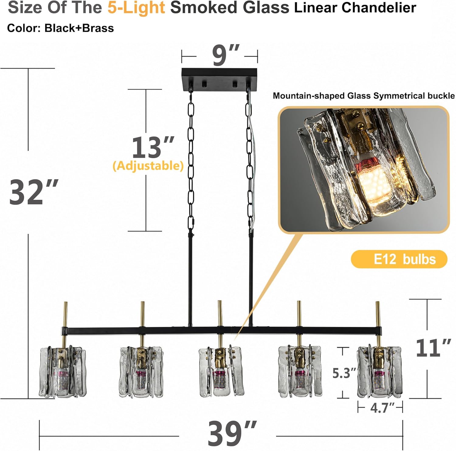 Island Lights for Kitchen, 5-Light Rectangular Dining Room Light Fixtures Over Table, Matte Black and Brass Linear Chandeliers for Dining Room，Industrial Pendant Lighting with Smoked Glass Shade