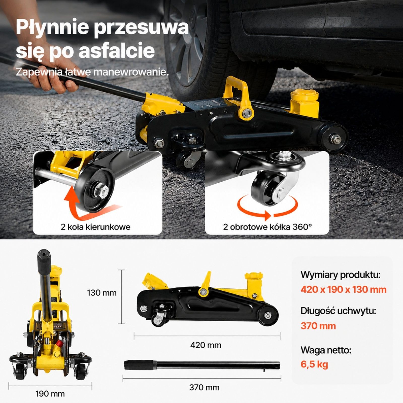 Niskoprofilowy hydrauliczny podnośnik podłogowy ze stali, 1,5 t, pompa z pojedynczym tłokiem, koła 360°, zakres podnoszenia 13-31 cm, do samochodów sportowych i sedanów, żółty czarny