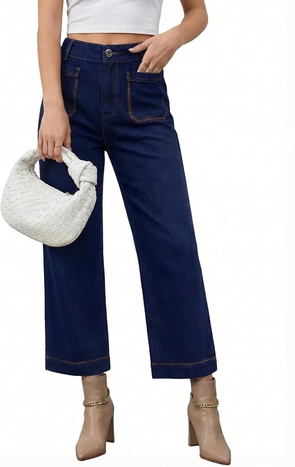 Dokotoo Womens Wide Leg Jeans High Waisted Stretchy Straight Leg Jeans Contrast Stitching Cropped Ankle Denim Pants image 4