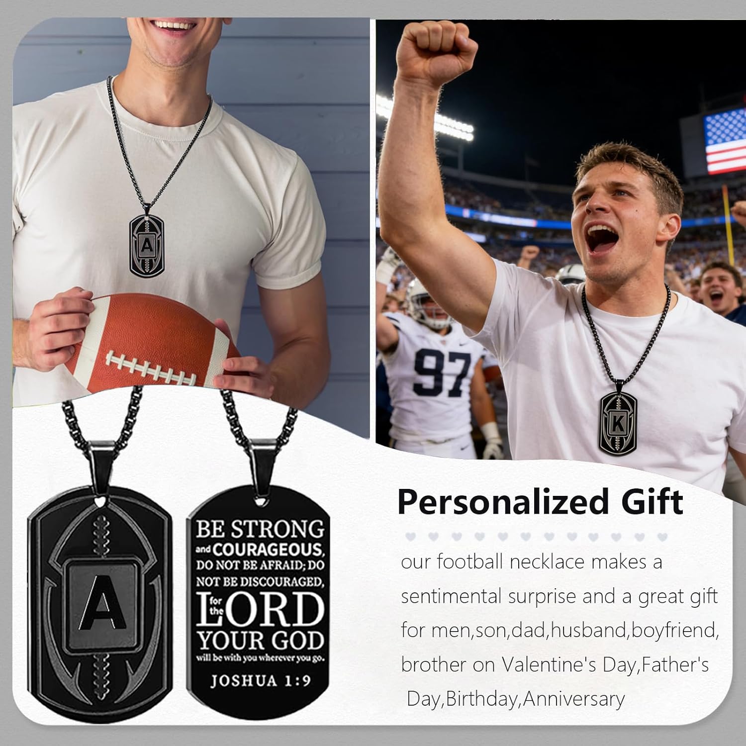 Football Dog Tag Necklace for Men: Initial A-Z Necklace Personalized Football Accessories Stainless Steel Chain 24+2 Inches Gift for Him - Image 3