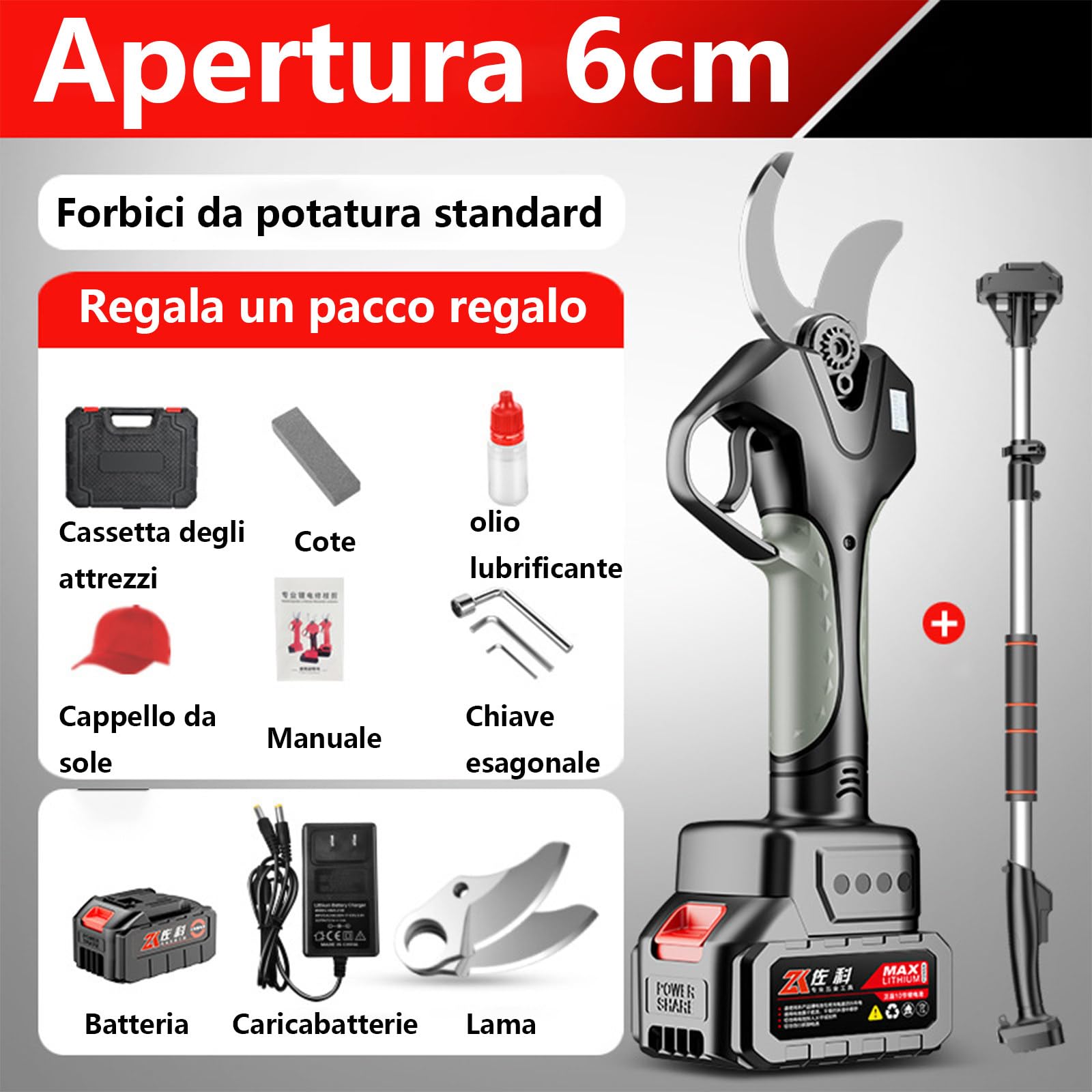 Tijeras de podar eléctricas, podadoras eléctricas de 2 Pulgadas de diámetro de Corte para jardinería, con baterías y Varilla de extensión de 7 pies de Alto Alcance,2*Batteries