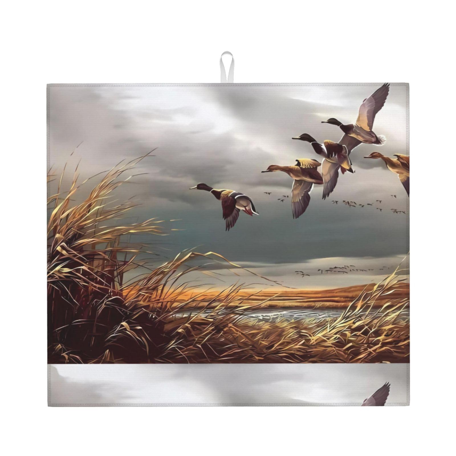 WHJSHOP Hunting Flying Wild Ducks Prints Kitchen Drying Mat - Absorbent Dish Drying Throw with Vibrant Prints, Quick-Dry Countertop Layer for Dishes & Glassware - Non-Slip