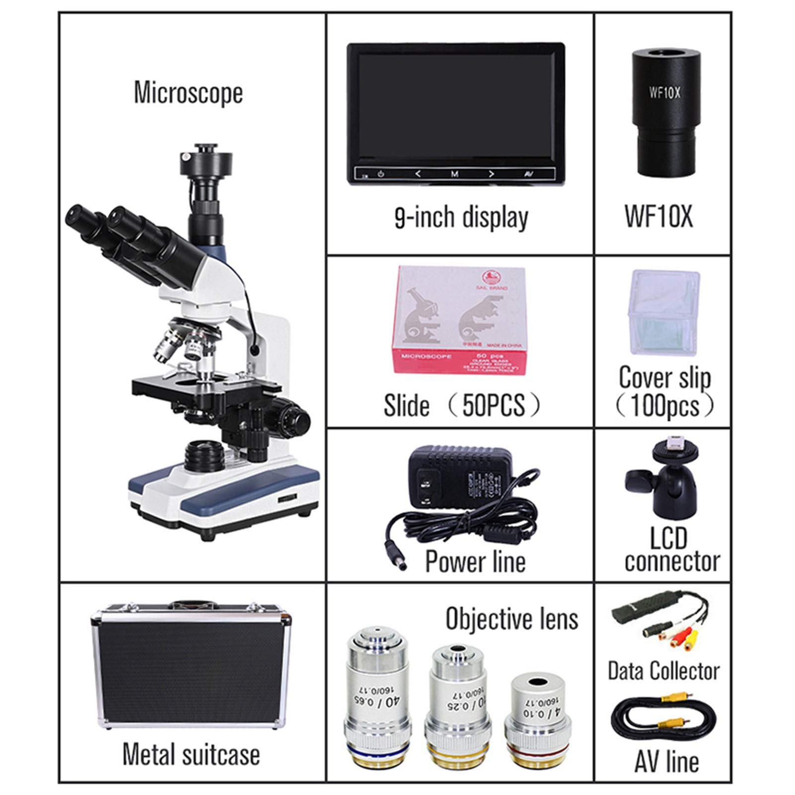 Mikroskop cyfrowy, Mikroskop, laboratorium biologiczne Mikroskop cyfrowy LED + Electronic Okularka + 9-calowy ekran LCD Linia danych USB