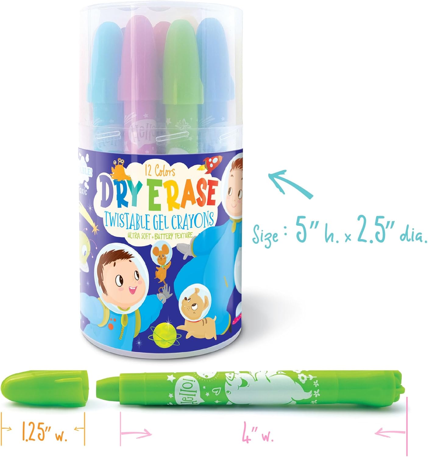 The Piggy Story Dry Erase Twistable Gel Crayons, Tube of 12 Smooth Crayons in Unicorn Land Design