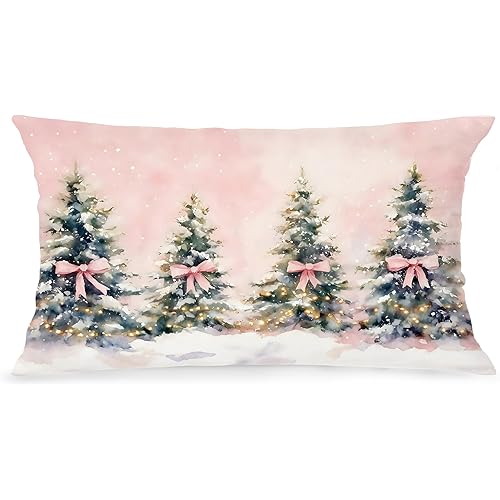 Coquette Pink Bow Christmas Tree Lumbar Pillow Covers 12x20, Coquette Christmas Decor, Girly Xmas Tree Holiday Decorative Throw Pillow Covers for Living Room Home Bedroom