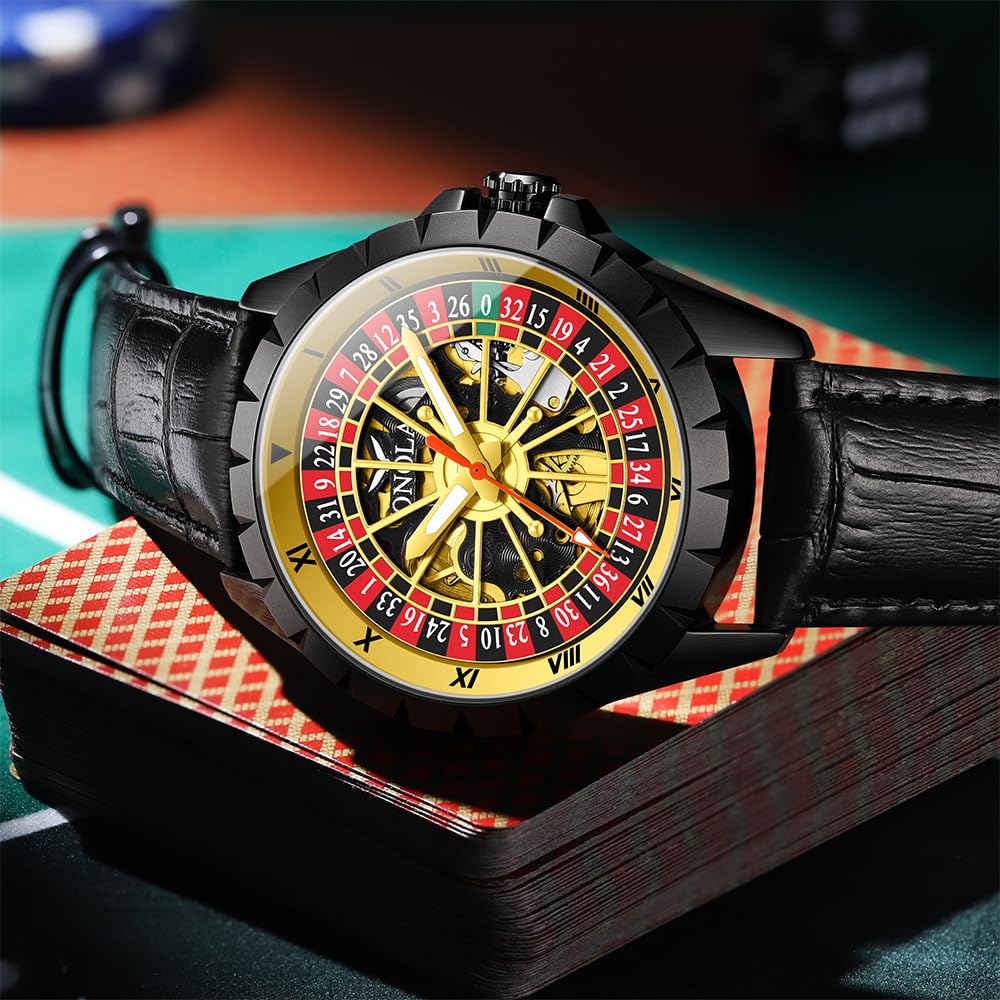 Orologio meccanico automatico da uomo con quadrante rotante oscillante e cinturino in vera pelle impermeabile di lusso