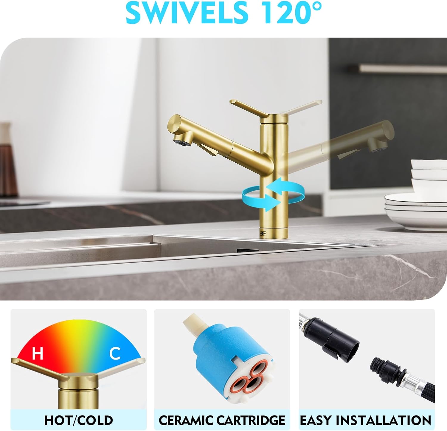 CREA Low Profile Kitchen Faucet with Pull Out Sprayer,Bar Sink Faucet Single Hole Handle,Prep Wet Bar Laundry Utility Short Small Modern Outdoor RV Gold