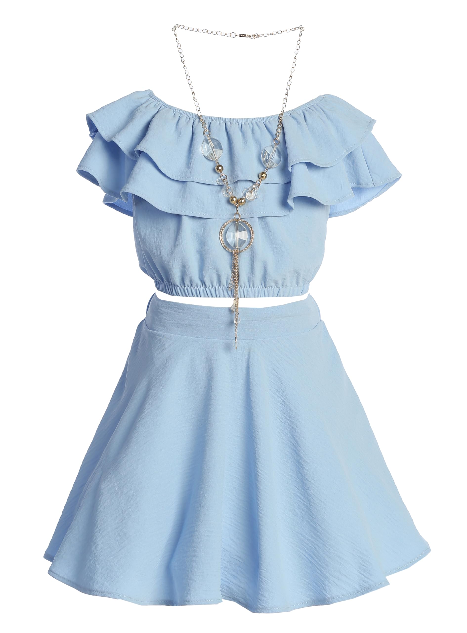 iGirlDress Girls Off Shoulder Crop Ruffle Layered Top and Skirt Set Outfit USA 4-14