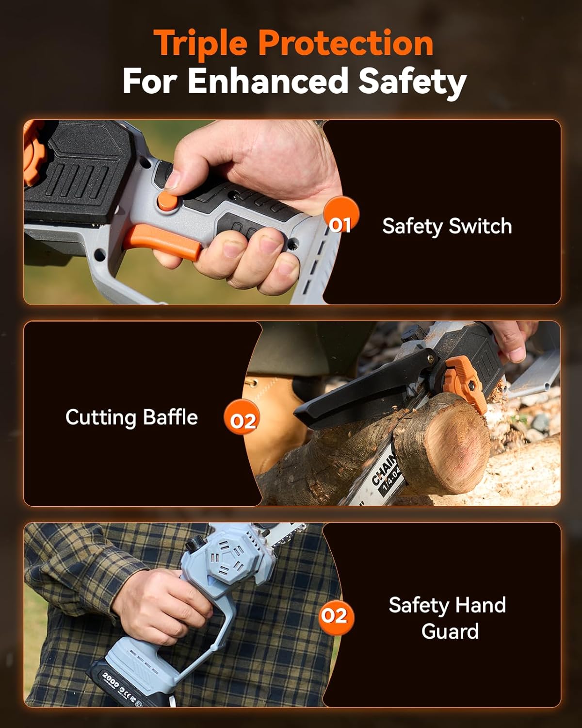 TaskStar 8-Inch Mini Chainsaw Cordless, Brushless Motor, 2×2000mAh Batteries, Lightweight One-Handed Electric Chainsaw for Cutting Thick Branches, Tree Trimming, Wood Cutting, Beginner Friendly - Image 8