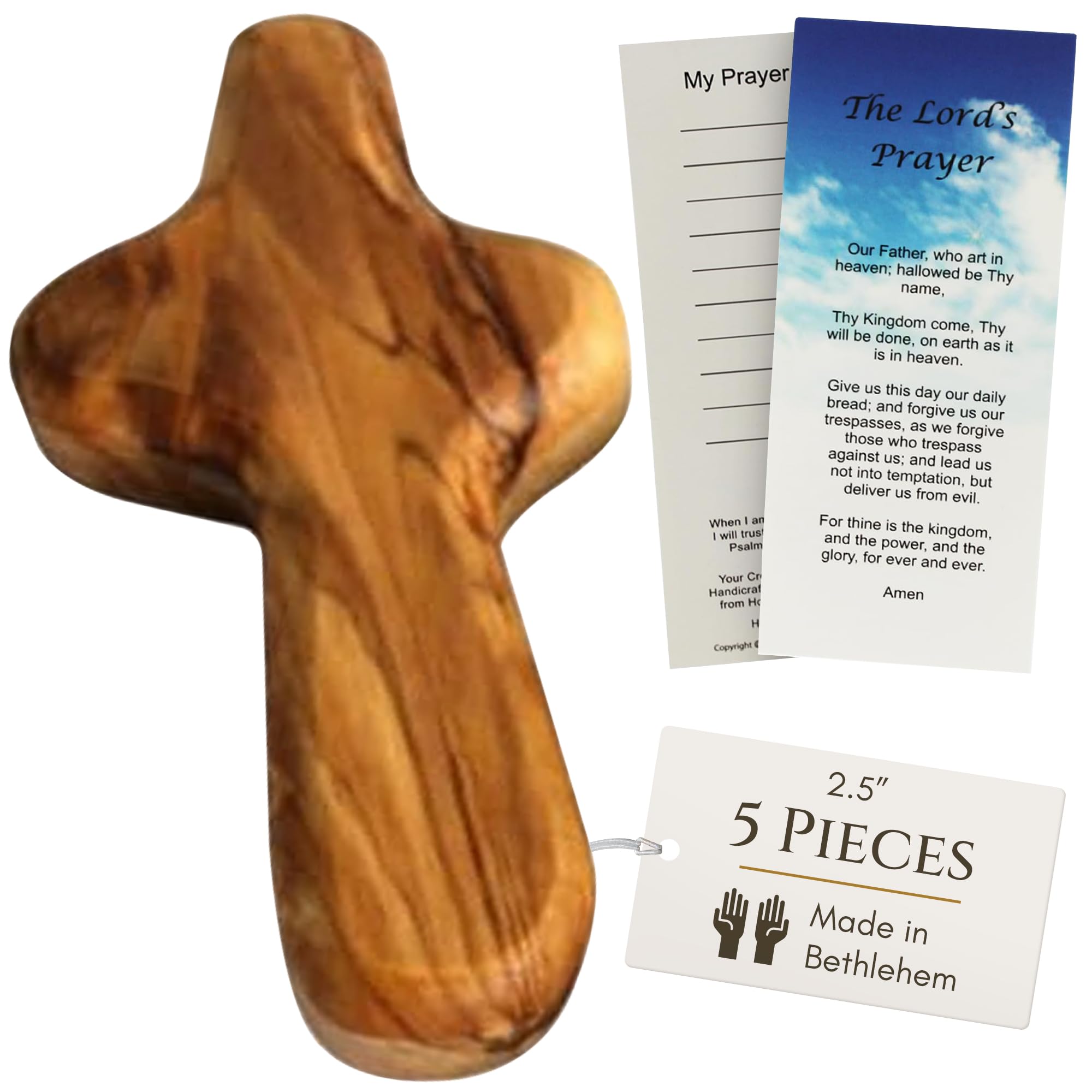 Holy Land Market 5 Olive Wood Crosses From the Holy Land - 2.5 Inch Pocket Palm Crucifix | Handmade Jerusalem, Bethlehem Israel - Gifts by Christians with Certificates -Holy Land Olive Wood Cross x5-image-20
