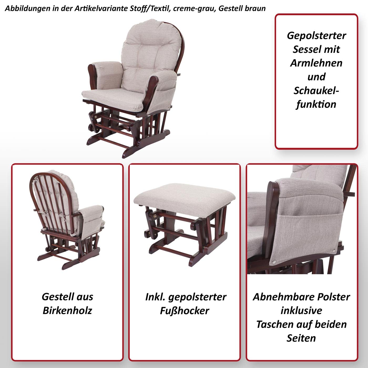 Mendler Relaxsessel HWC-C76, Schaukelstuhl Sessel Schwingstuhl mit Hocker - Samt, grau, Gestell weiß