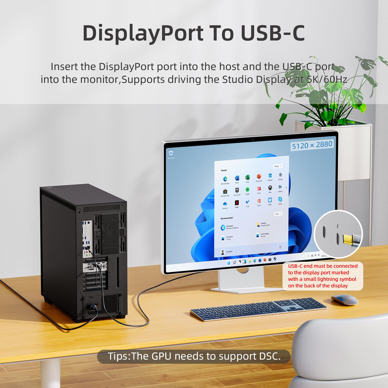 DisplayPort auf USB-C Kabel 8K @ 60Hz, DP auf Typ-C-Stecker Kabeladapter 2 m Konverter für Apple Studio Display, tragbarer Bildschirm, AR-Brille, USB-C-Display-Gerät Konvertierungskabel
