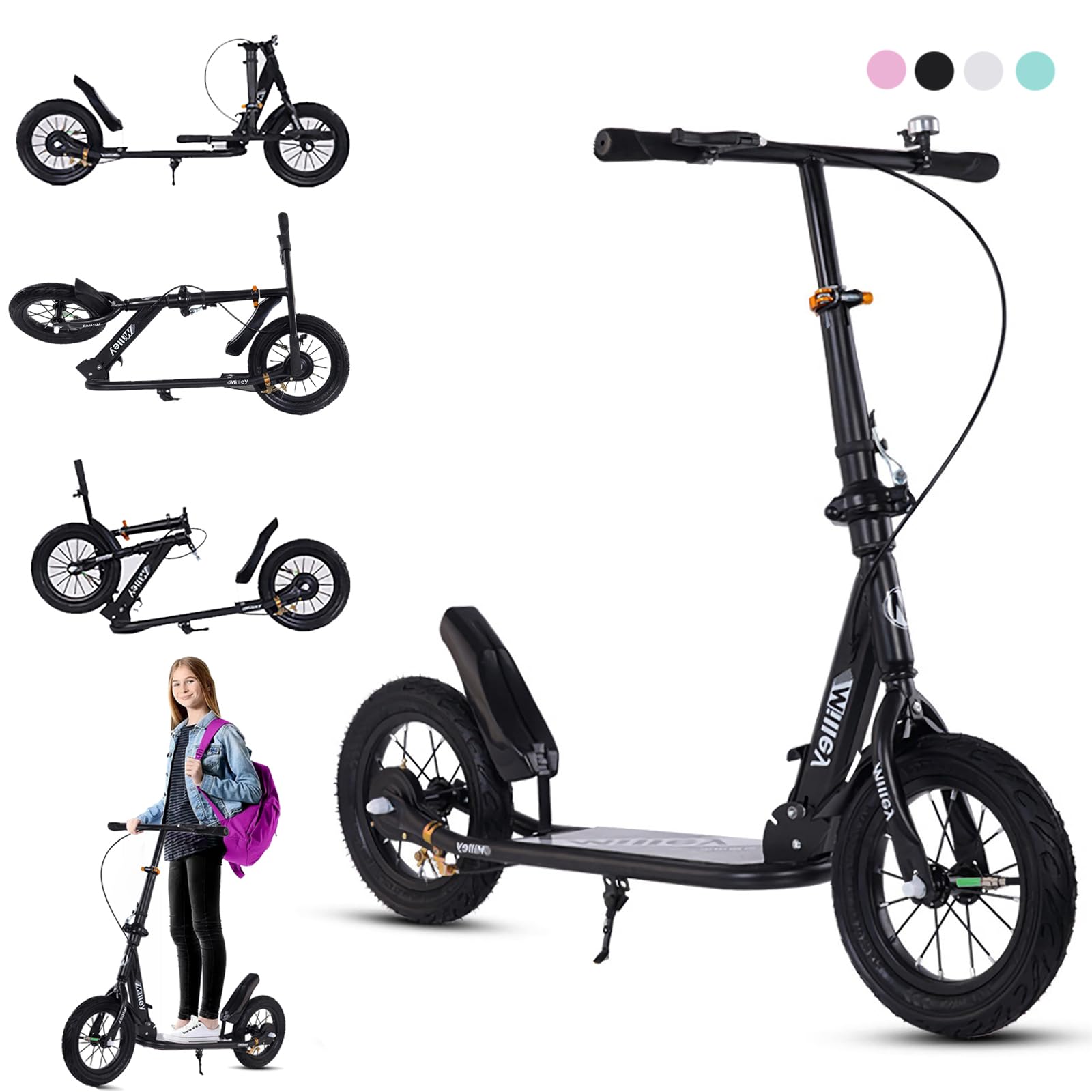 GHBXJX 290mm XXL Big Wheel Scooter Erwachsene 150 kg Tragkraft City Roller, Klappbarer Cityroller mit Handbremse und Bremse, Tretroller Kinder ab 6, Kickscooter für Erwachsene und Kinder,Schwarz Sport & Freizeit