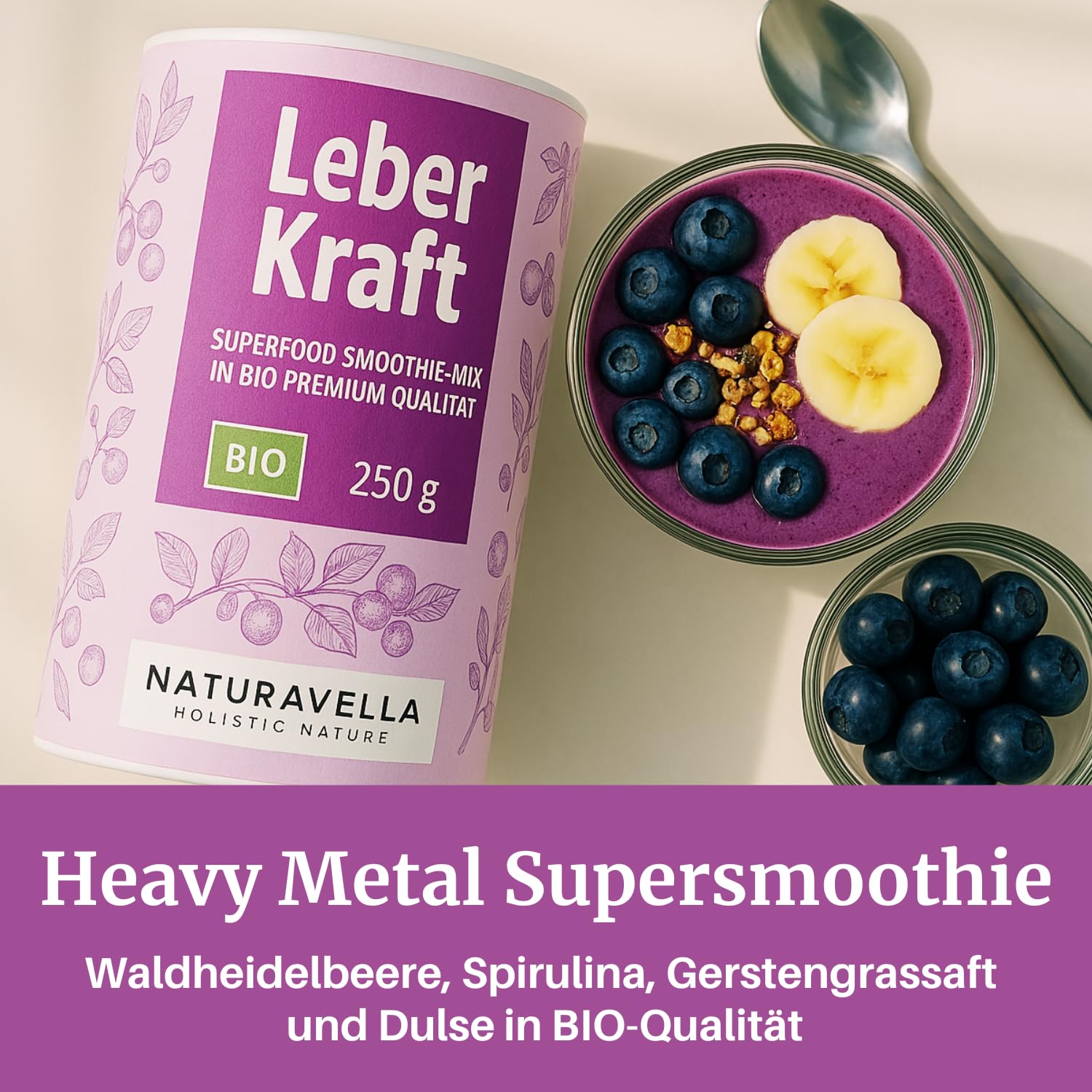 NATURAVELLA LeberKraft Bio Superfood Pulver (250g) für Heavy Metal Detox | Mit Wildheidelbeeren, Gerstengras, Spirulina & Dulse | Nach Rezept von Anthony William | Vegan, laborgeprüft & ohne Zusätze
