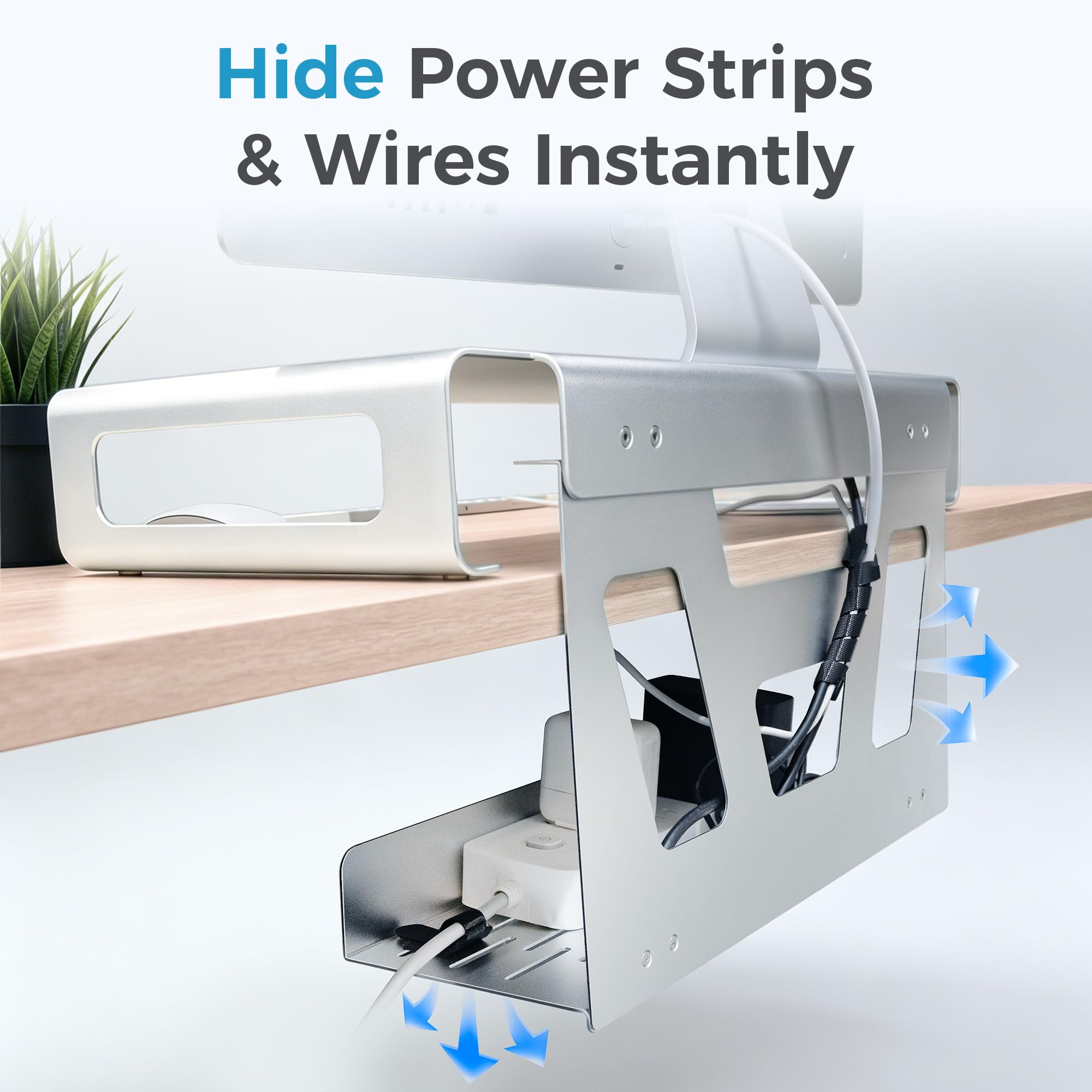 Elevate & Hide Soporte elevador de aluminio para escritorio, soporte plegable para computadora con almacenamiento de regleta de alimentación y gestión de cables, organizador de estante de escritorio