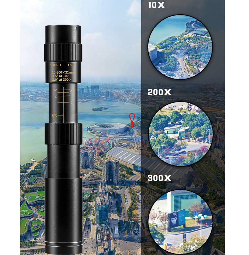 Telescopio monocular portátil, Totalmente metálico, teleobjetivo Externo HD S con Zoom 10-300x, telescopio con Zoom Doble Ajuste para teléfono móvil Exteriores con trípode.