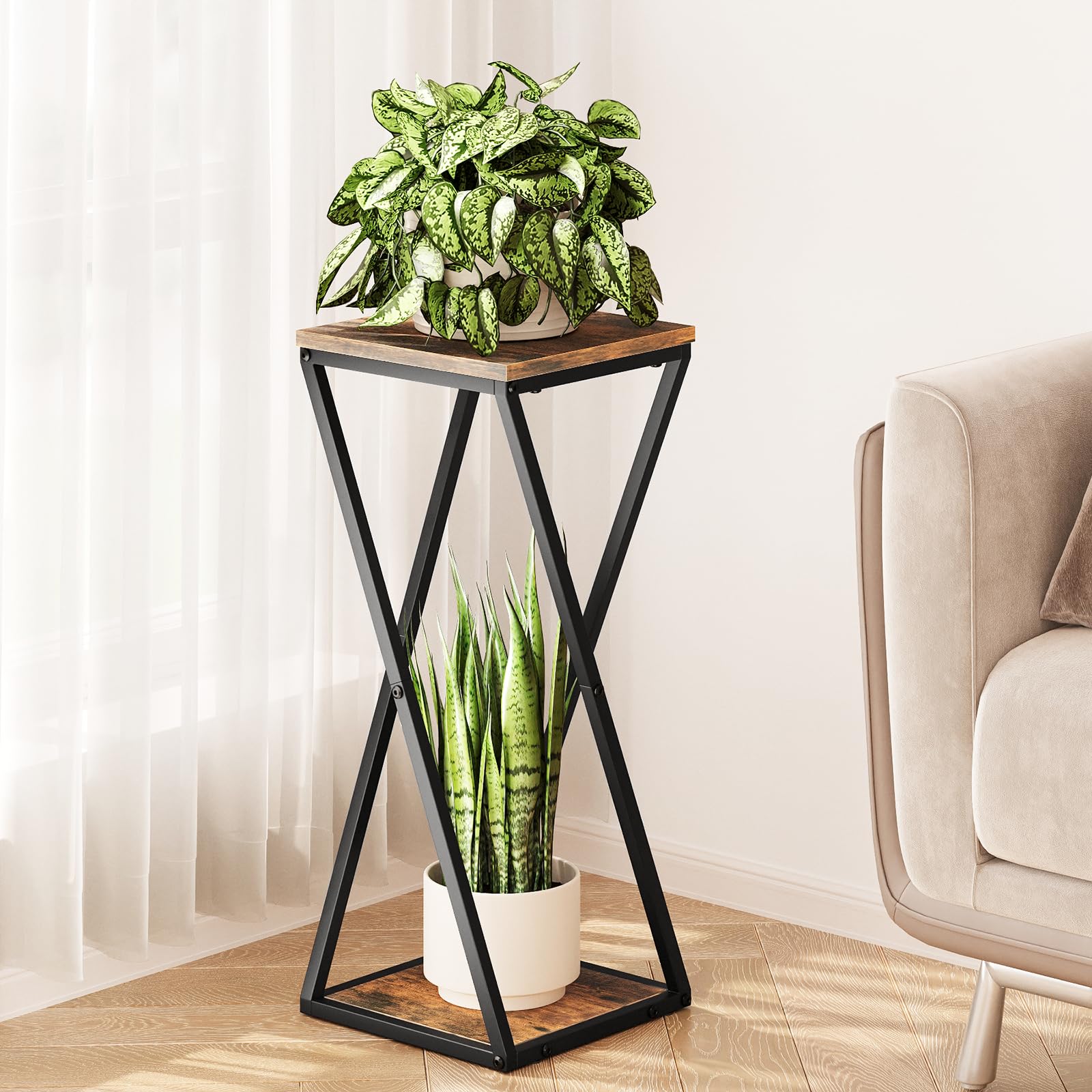 Bamworld Blumenständer Metall mit Holz Ablagen, 2 Ebenen Pflanzenständer im Industrie-Design, Blumenhocker für Wohnzimmer Balkon Garten Dekoration