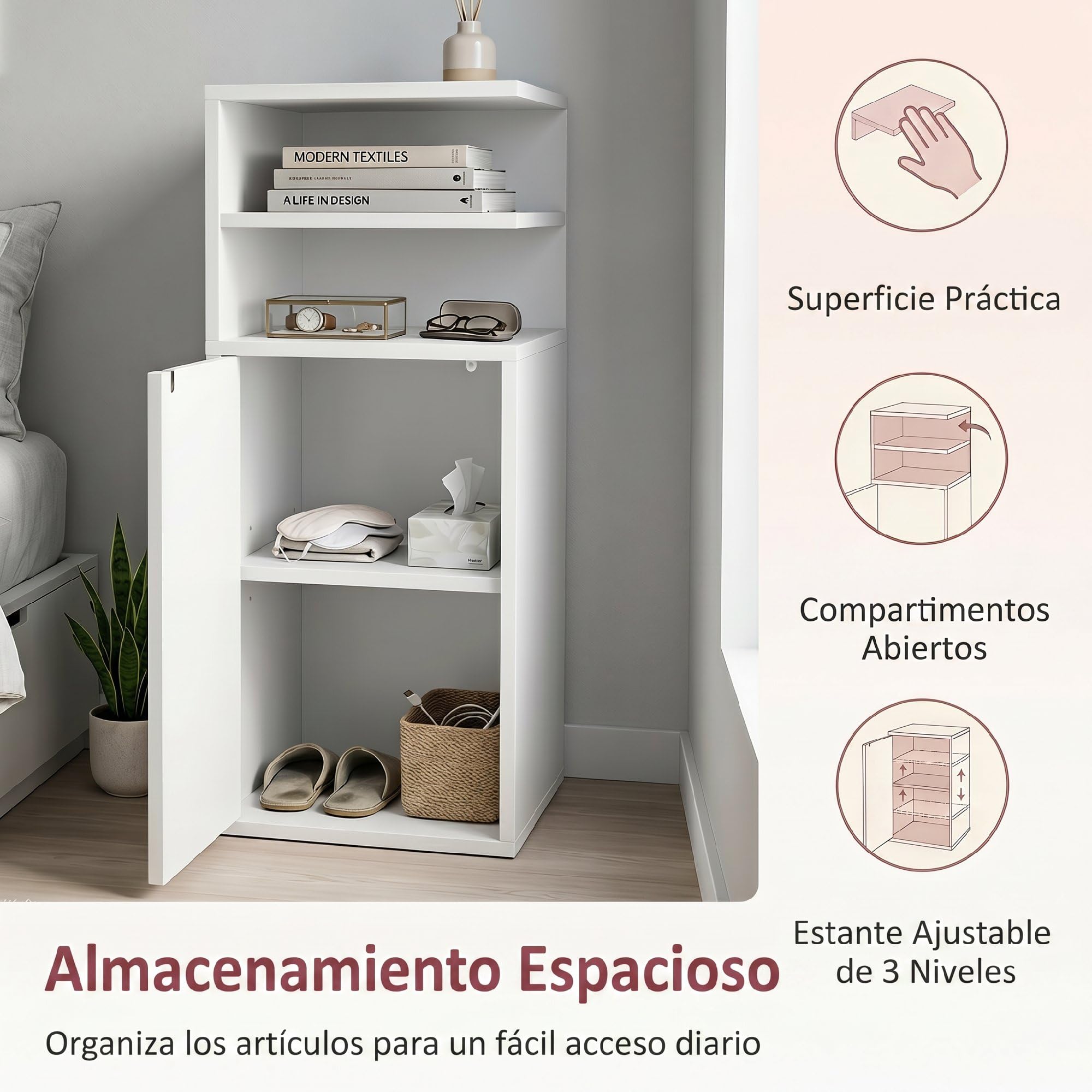HOMCOM Juego de 2 Mesitas de Noche Estrechas para Dormitorio Blanco | con Puerta, Compartimentos Abiertos, Mesa Auxiliar para Salón, Espacios Reducidos, 25x30x60 cm