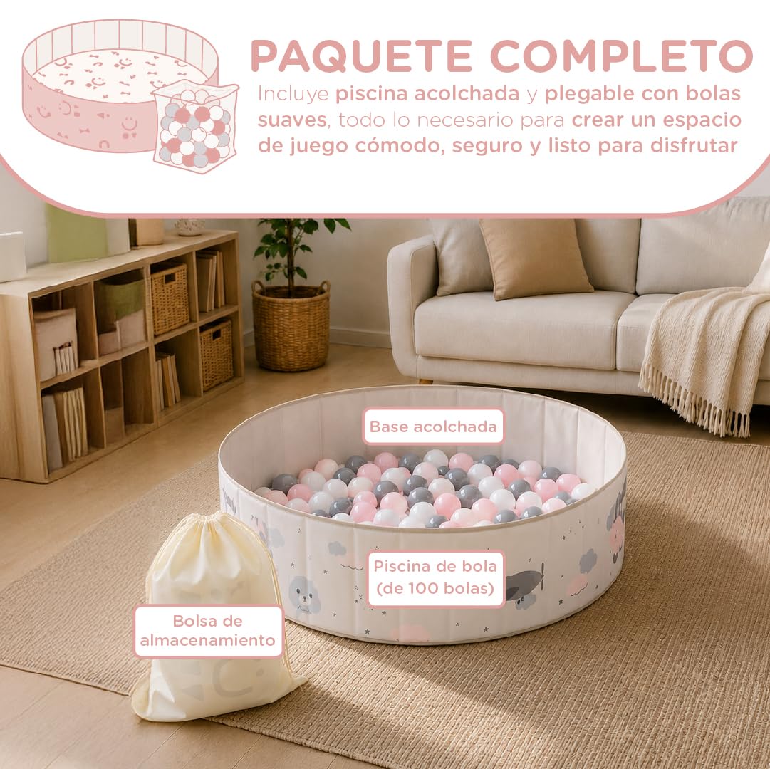Piscina de Bolas Bebe 120cm Gris Plegable Parque Infantil con 100 Bolas de 7 cm Alfombra Base Bolsa Transporte Piscina de Pelotas para Niños Juego Sensorial Motricidad para Interior y Exterior