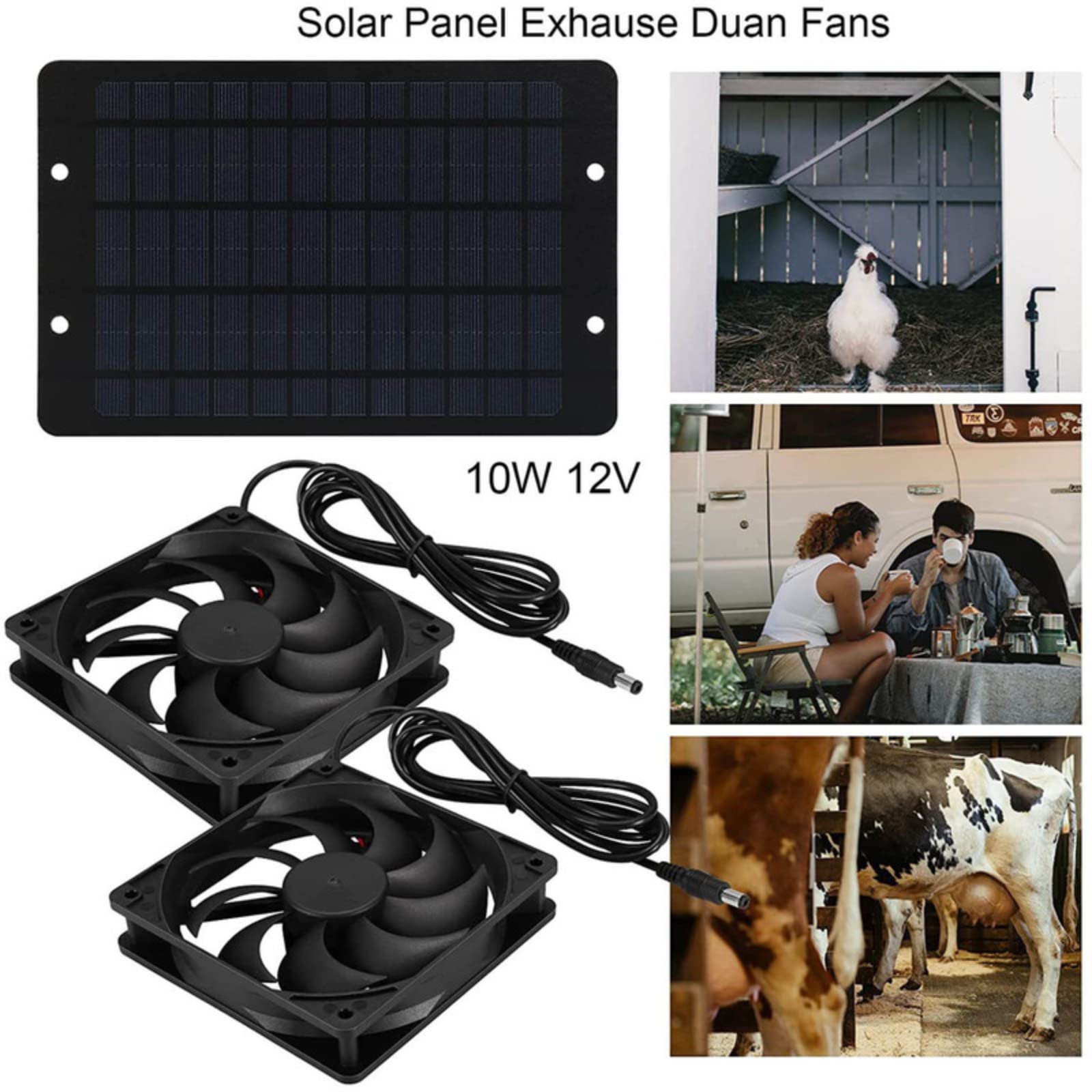 Kit de ventilador de panel solar, 10 W 12 V alimentado por energía solar doble ventiladores para exteriores, ventilador portátil con 2 piezas de cable de 3.0 ft de largo para invernadero, casas de mascotas, cobertizo, casa de pollo (2 ventiladores) 3