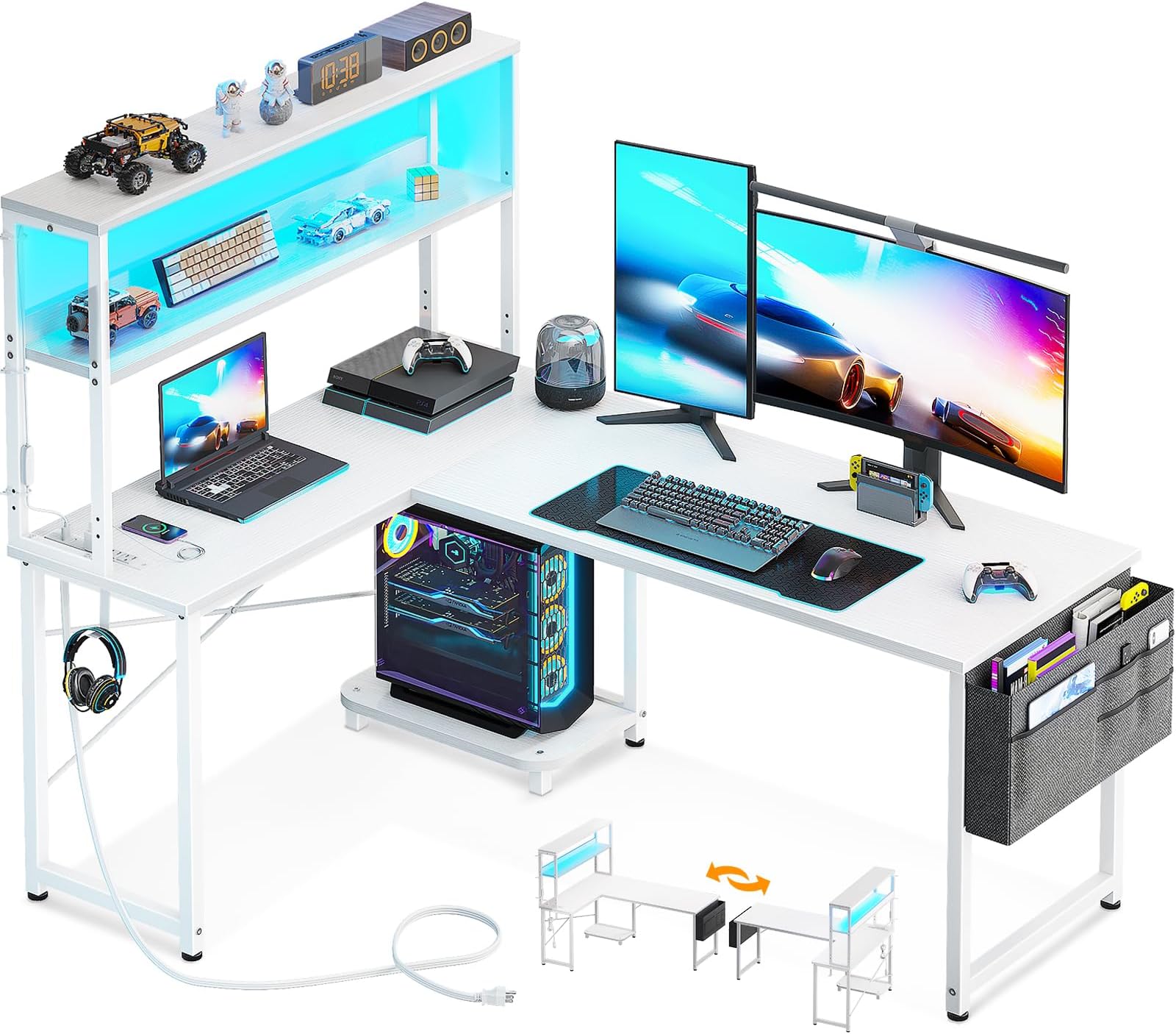 AODK L Shaped Desk Gaming Desk with LED Light & Power Outlet, 53 Inch Reversible L Shaped Computer Table with Shelf, Corner Desk with Storage Bag&Hook for Home Office Desk, White