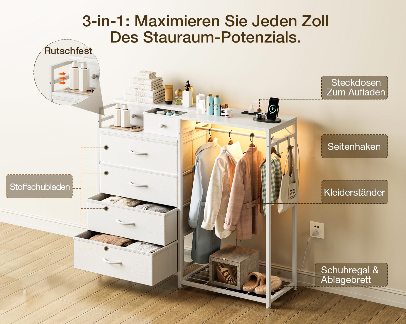 Coleshome Commode Chambre avec et Tringle à Vêtements, Eclairage LED et Prise Electrique, Design Réversible avec 6 Tiroirs, Commode en Tissu pour Chambre à Coucher et Salon, Blanc