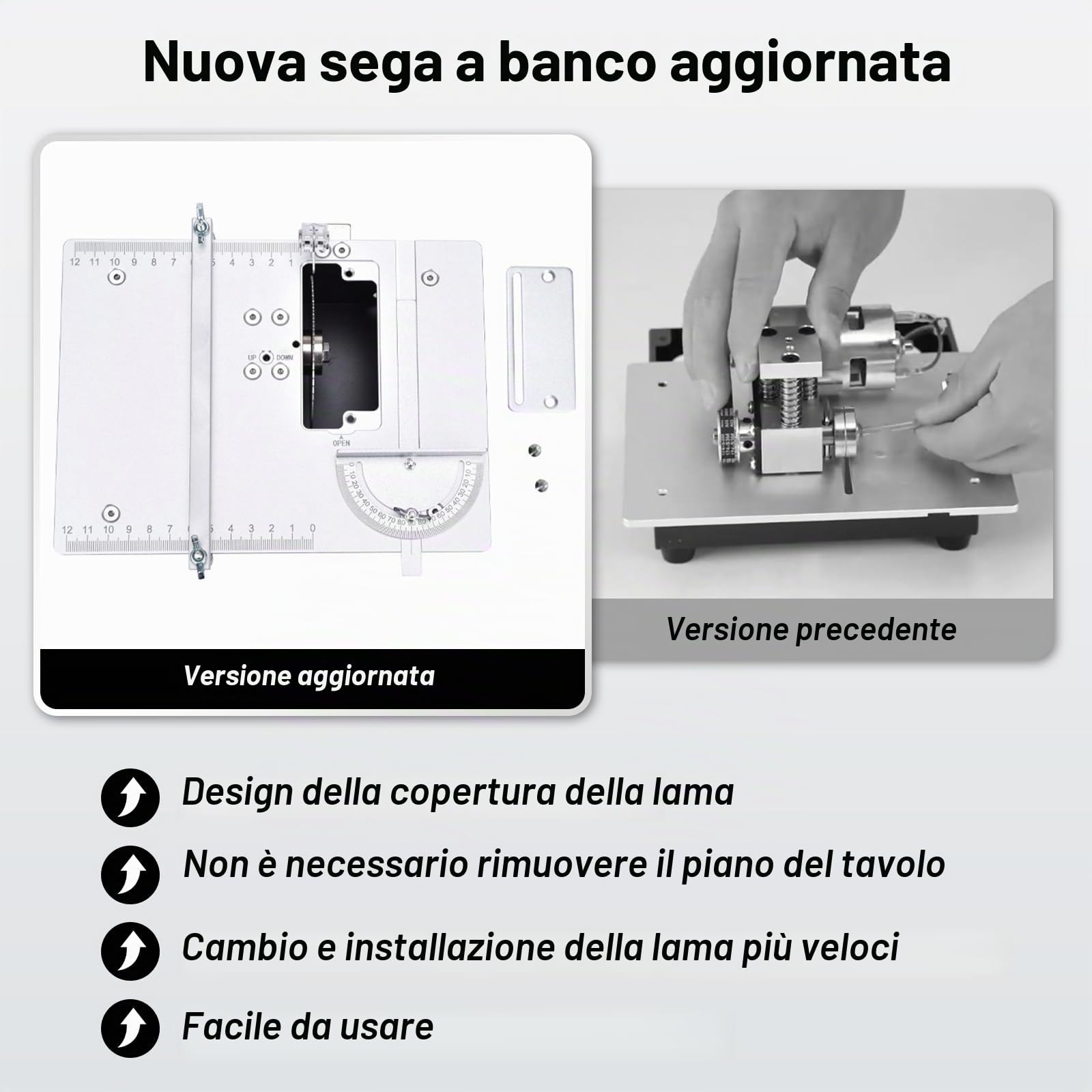 Mini sega da tavolo, 240 W, doppio controllo del motore, con disco abrasivo da 2 pollici, 10 cuscinetti per lucidatura e 4 lame, profondità di taglio regolabile, seghe circolari da tavolo, spina
