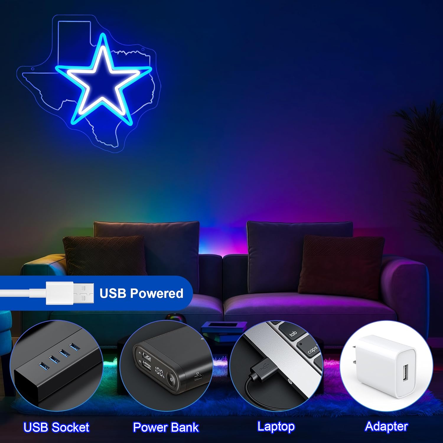 Cowboy Football Neon Sign Texas Neon Sign for Wall Decor - Neon Star Acrylic USB Powered LED Wall Art Decor, Light Up Sign Dimmable, for Man Cave Bedroom Bar Club Party Game Room 14.02 x 13.35 Inches - Image 6