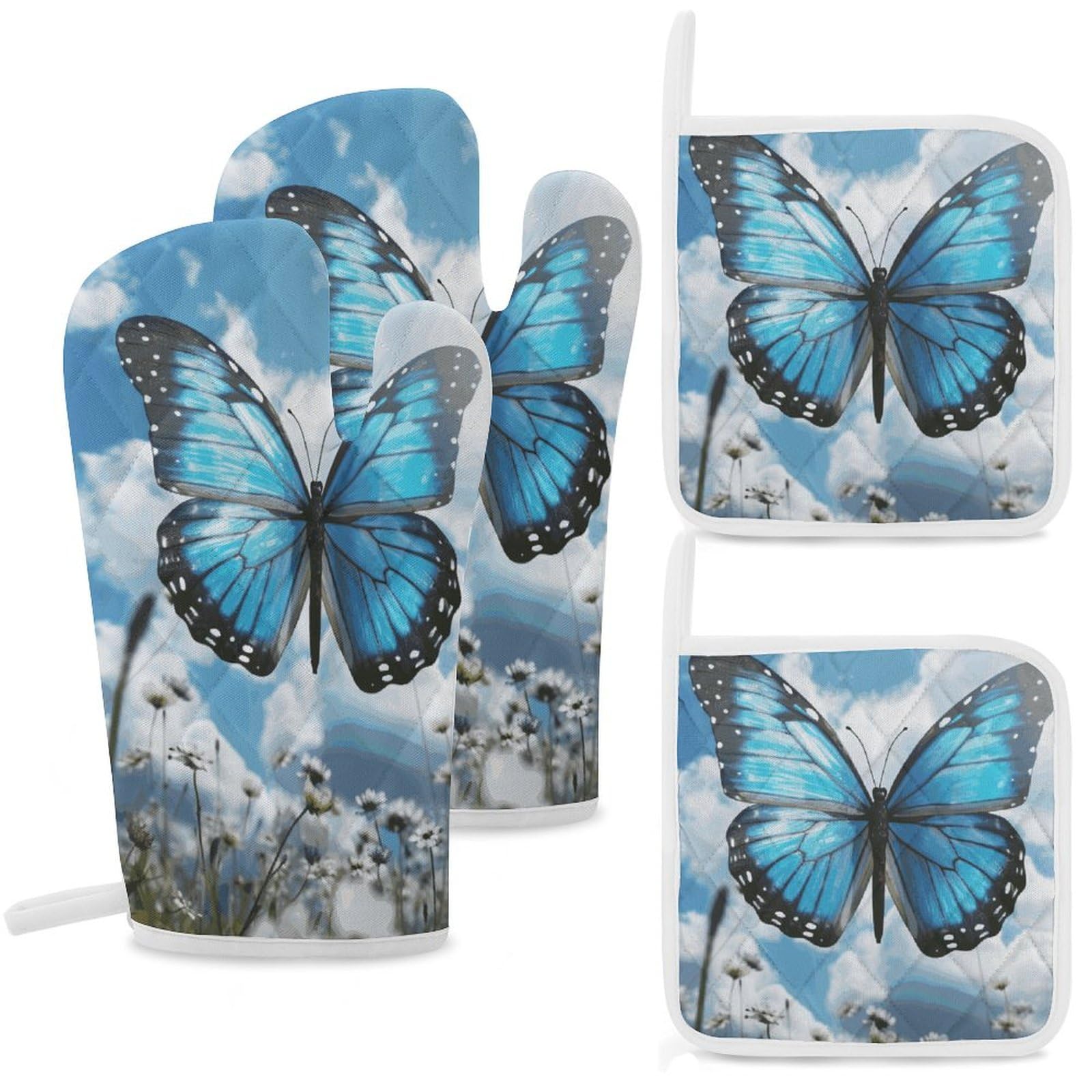 Lot de 4 gants de cuisine et maniques bleu en coton résistant