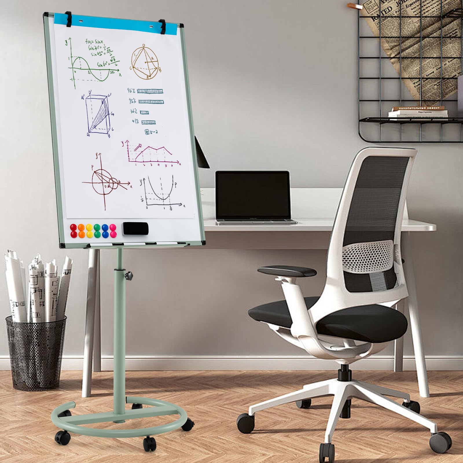 GOPLUS Tableau Blanc Effacable 65 x 100 CM, Tableau Blanc Magnetique avec Support Hauteur Réglable et 5 Roues Roulant, 1 Effaceur, 2 Crochets, 6 Marqueurs, 12 Aimants, 25 Papiers, Idéal pour Bureau