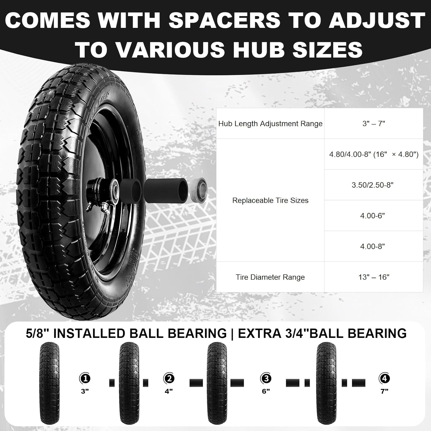 DGSL 1-Pack 4.80/4.00-8 Tire - 14.5" Flat-Free Tire Wheelbarrow Tire with 3" Centered Hub, 5/8" 3/4" Bearings, Heavy Duty Replacement Tires for Gardening & Yard Work