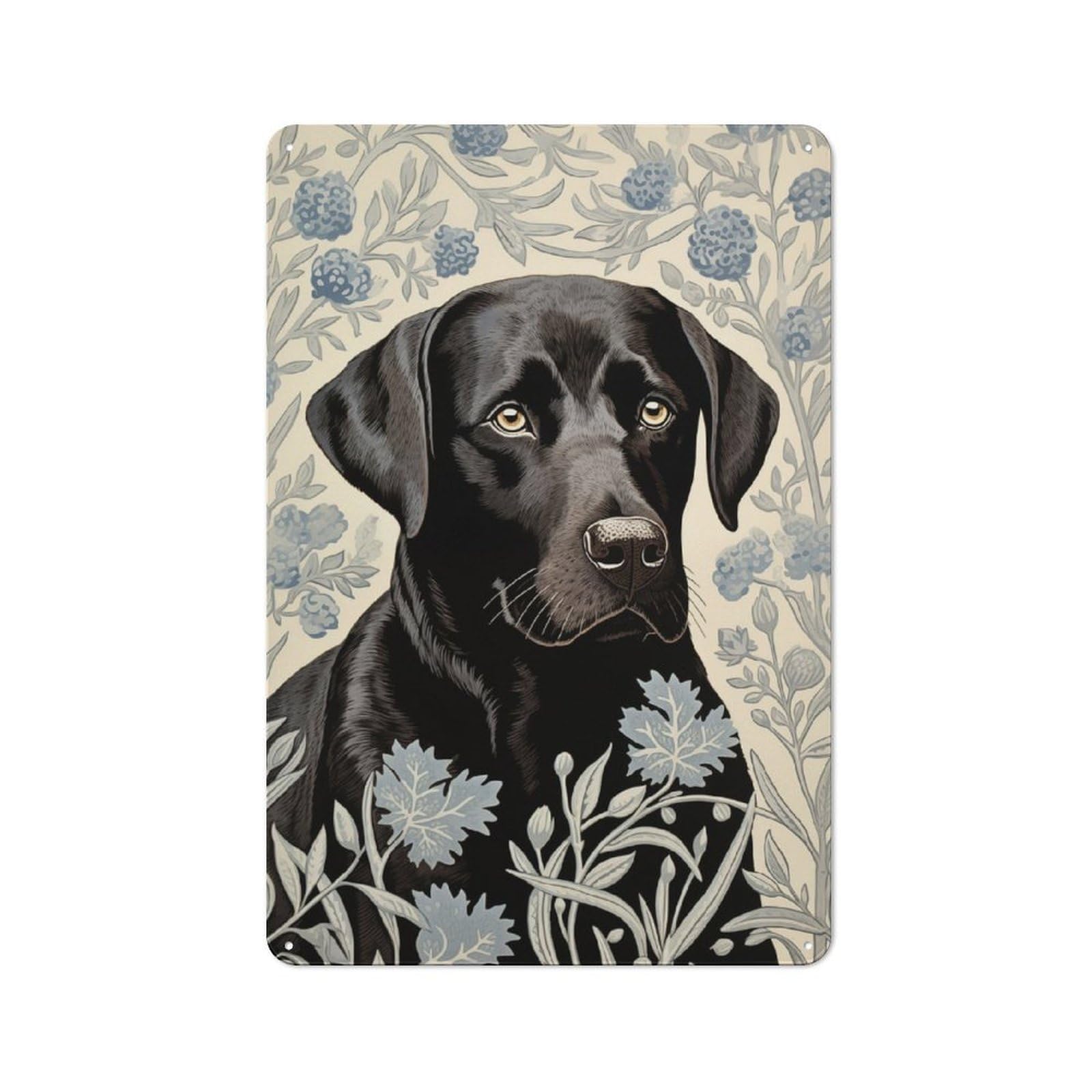 Junmoney Black Labrador In Floral Pattern Industrial Metal Sign With Design 30X20cm, Modern Retro Loft Wall Plaque For Workspace, Cafe, Hallway Or Garage