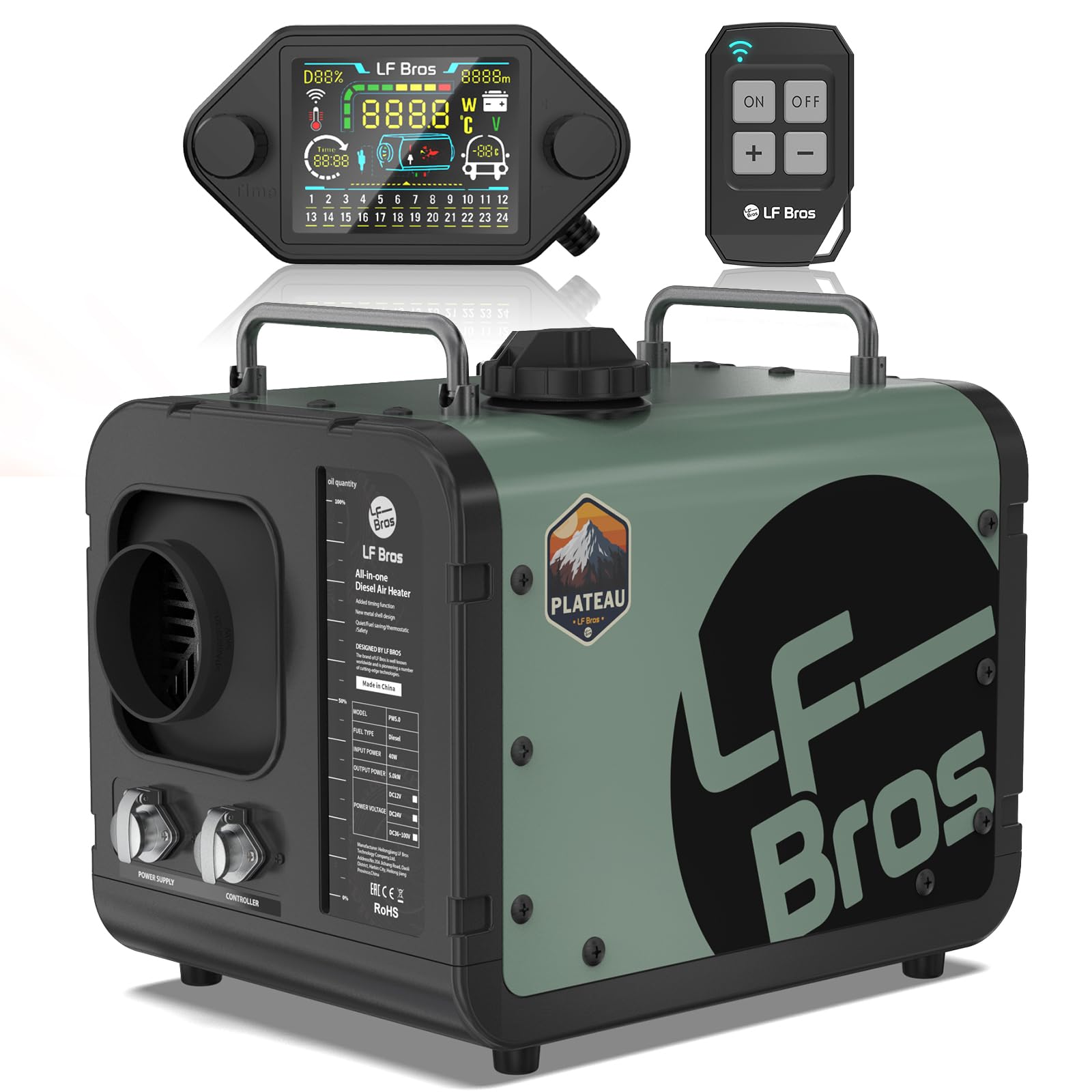LF Bros Chauffage Diesel 5KW, 12V/220V Chauffage à Air Diesel en Mode Plateau avec Minuterie et Contrôleur LCD, Adapté pour Camping-car, Camion, Tente