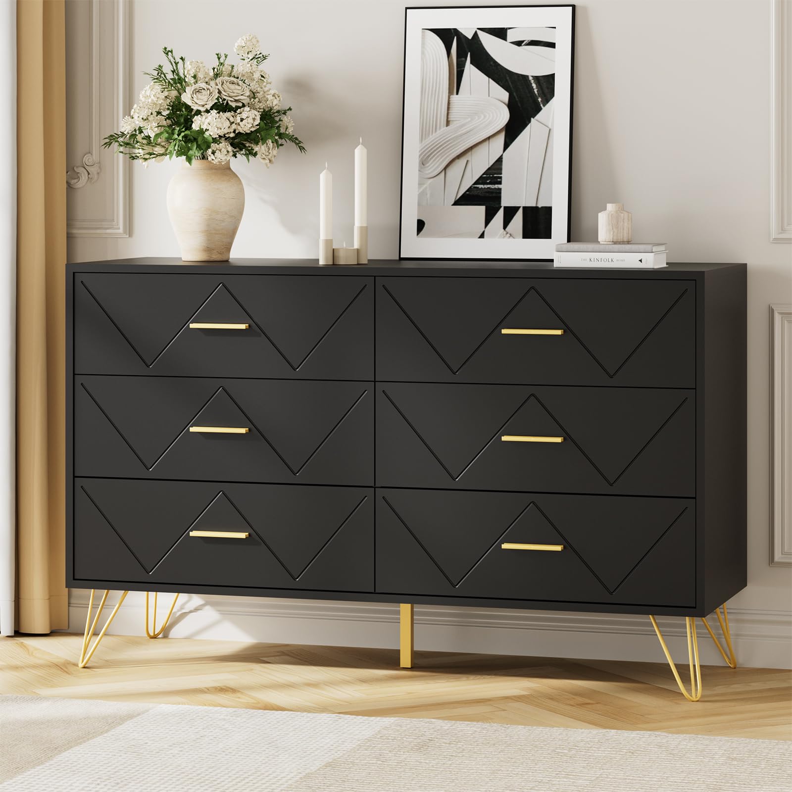 JOZZBY Dresser for Bedroom, 6 Drawer Black Wood Dresser with Gold Handles, Modern Storage Dressers & Chests of Drawers for Hallway, Entryway