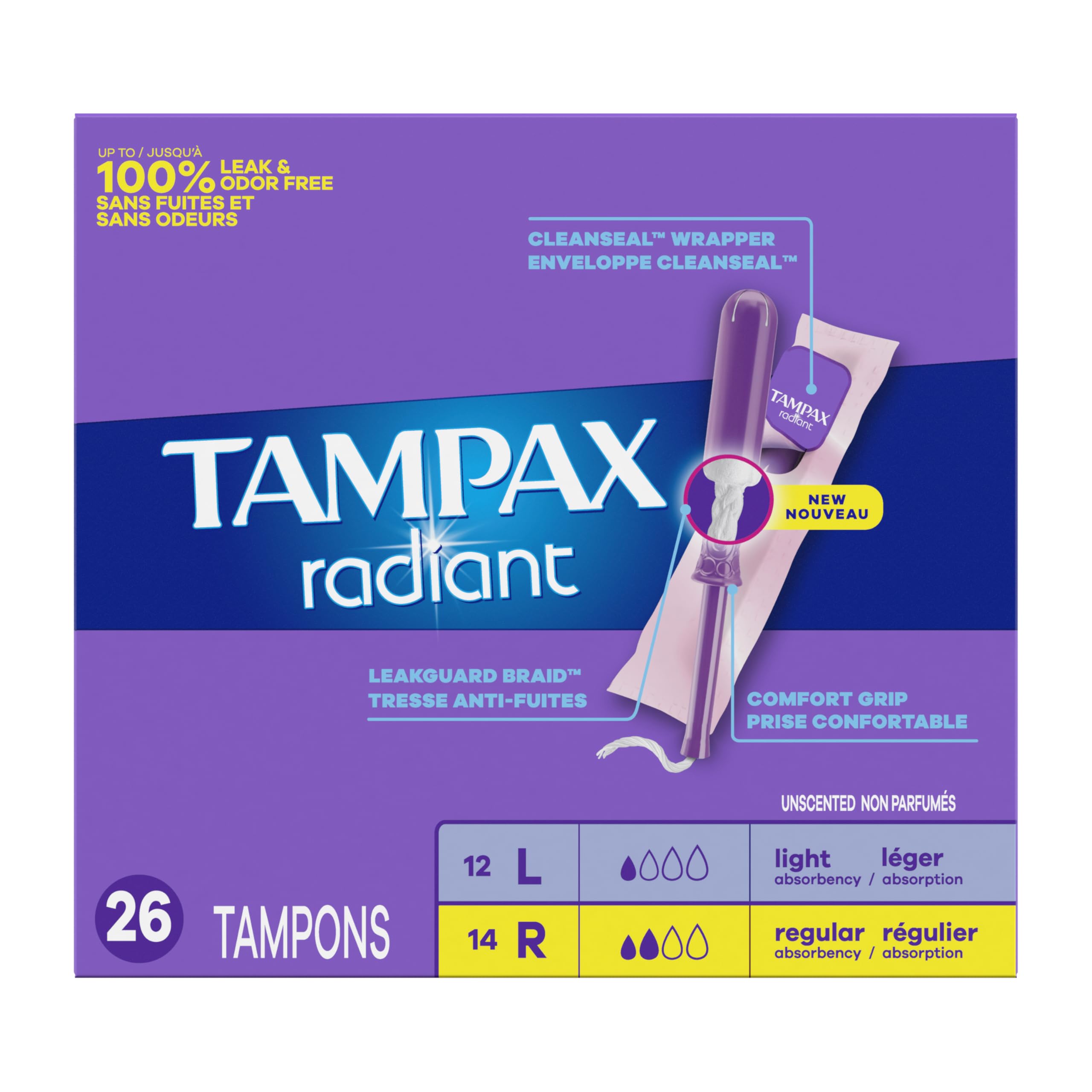 Tampax Radiant Tampons Multi Pack con treccia LeakGuard, assorbenza leggera/regolare, inodore, 26 pezzi x 3 confezioni (78 pezzi totali)