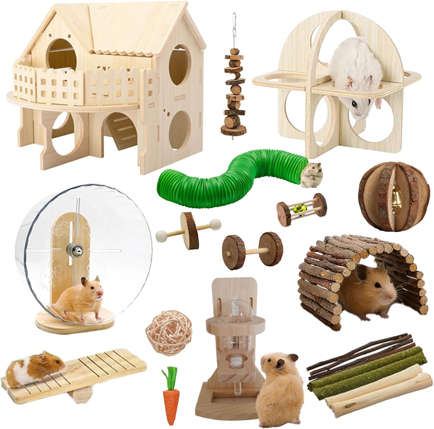 23 PCS Hamster Toys & Accessories Set – Wooden Maze House, Silent Exercise Wheel, 17 Pcs Chew Toys, Water Bottle & Hamster Fitness Toy for Hamsters, Rats & Small Animal Cage Accessories (Green)