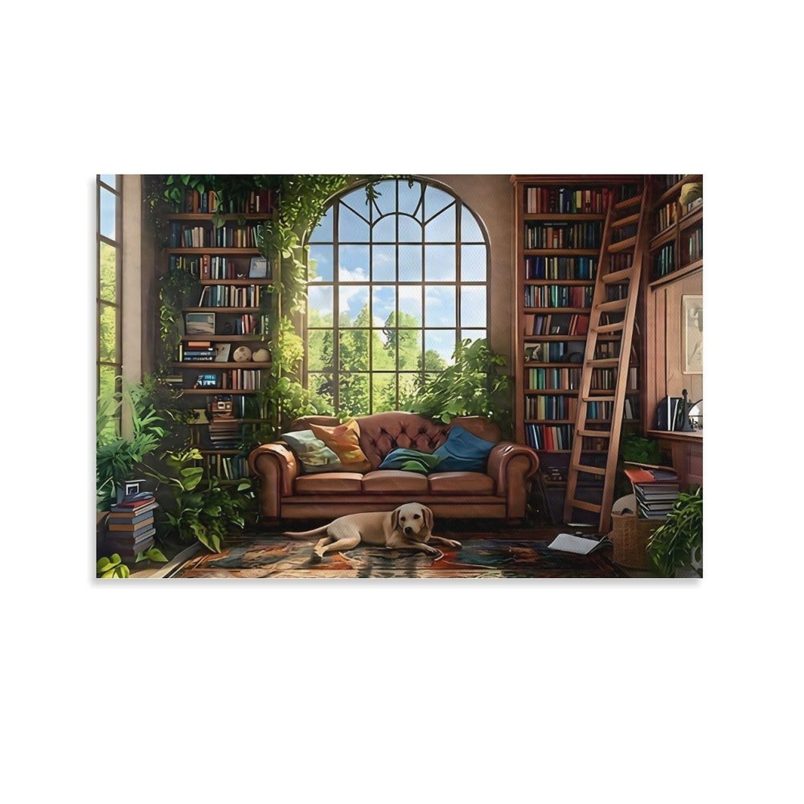 CPLVKWRQJ Cozy Reading Nook Individual Cozy Plant Filled Library Room Wall Art Decor - Office Wall Focal Art Multi-Purpose Fade Resistant Decor 24x36inch(60x90cm)