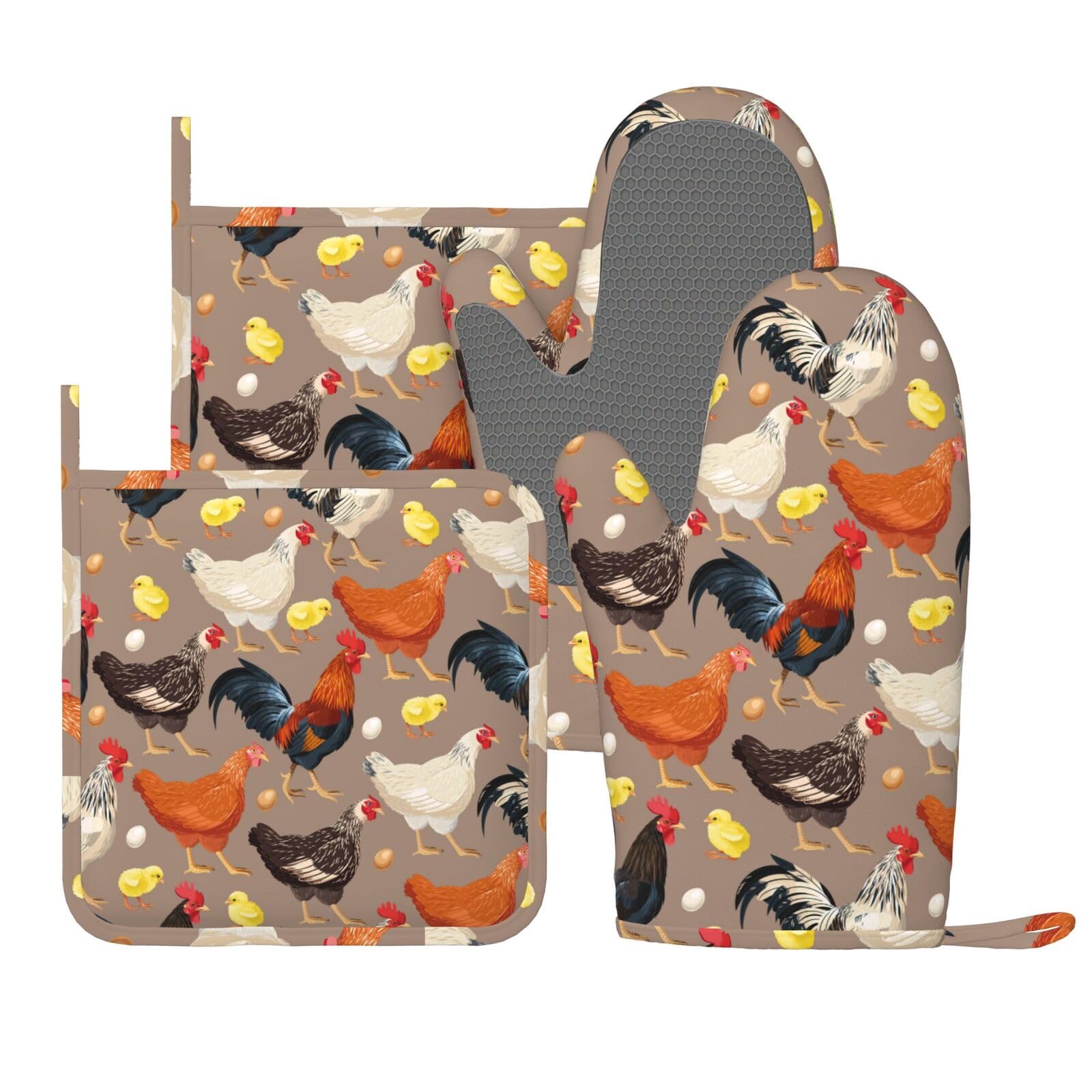 Fun Hen Chicken Rooster Oven Mitts And Pot Holders Set Of 4 Silicone Heat Resistant Oven Mitten Potholders Non Slip Gloves Kitchen Decor For Bbq