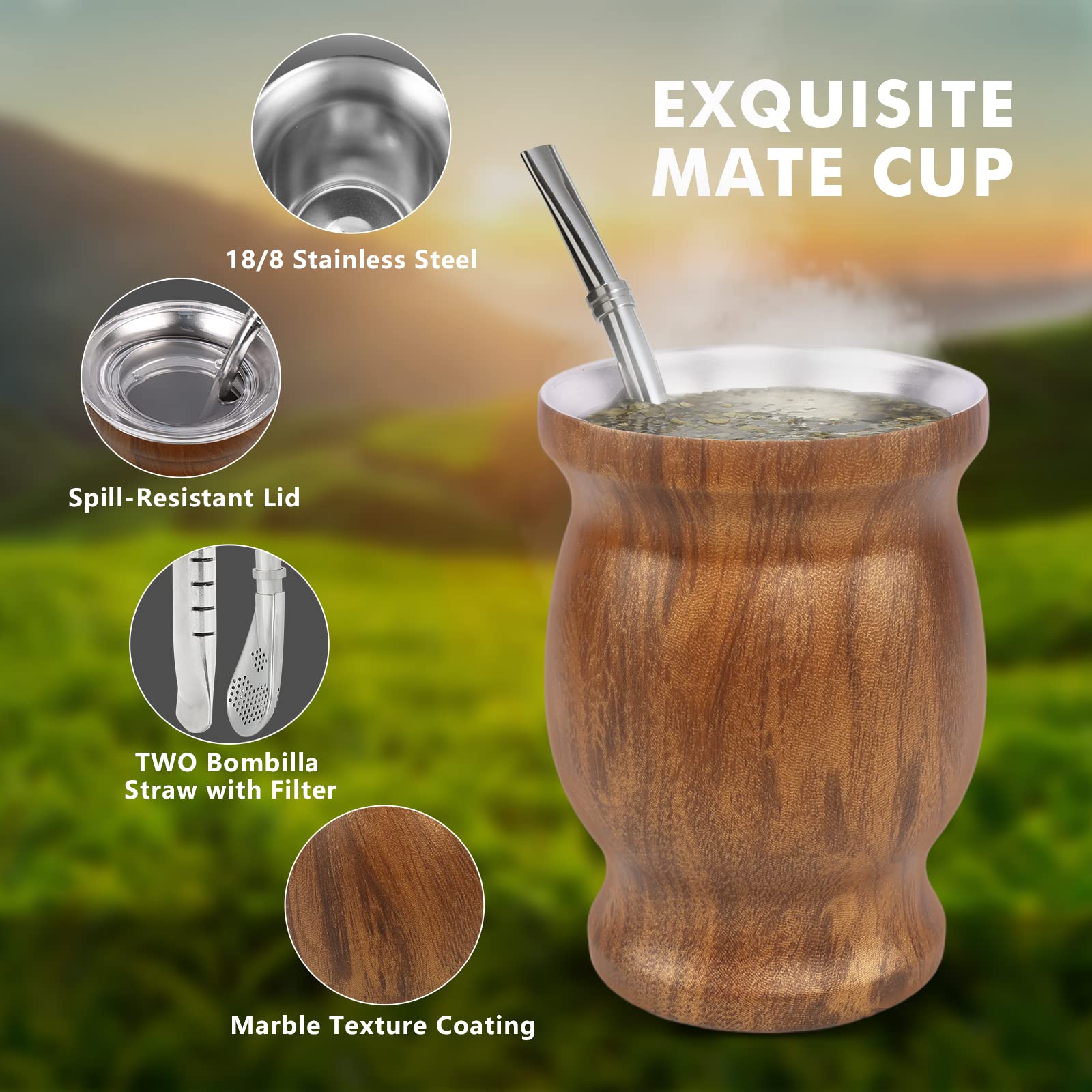 balibetov Ensemble tasse et bombilla – L'ensemble Yerba Mate comprend une tasse Yerba Mate, deux bombilla Mate (paille) et une brosse – Double paroi en acier inoxydable | Gourde Yerba Mate facile