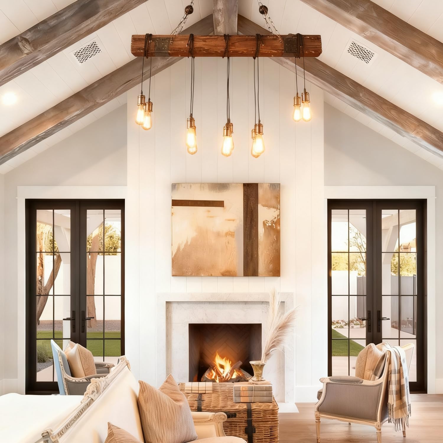 MIXL-Farmhouse Wood Chandelier Light Fixture,10-Lights Rustic Pendant Lamp, Height Adjustable Dining Room Chandeliers, Retro Wooden Hanging Lighting for Restaurant, Kitchen Island, Living Room