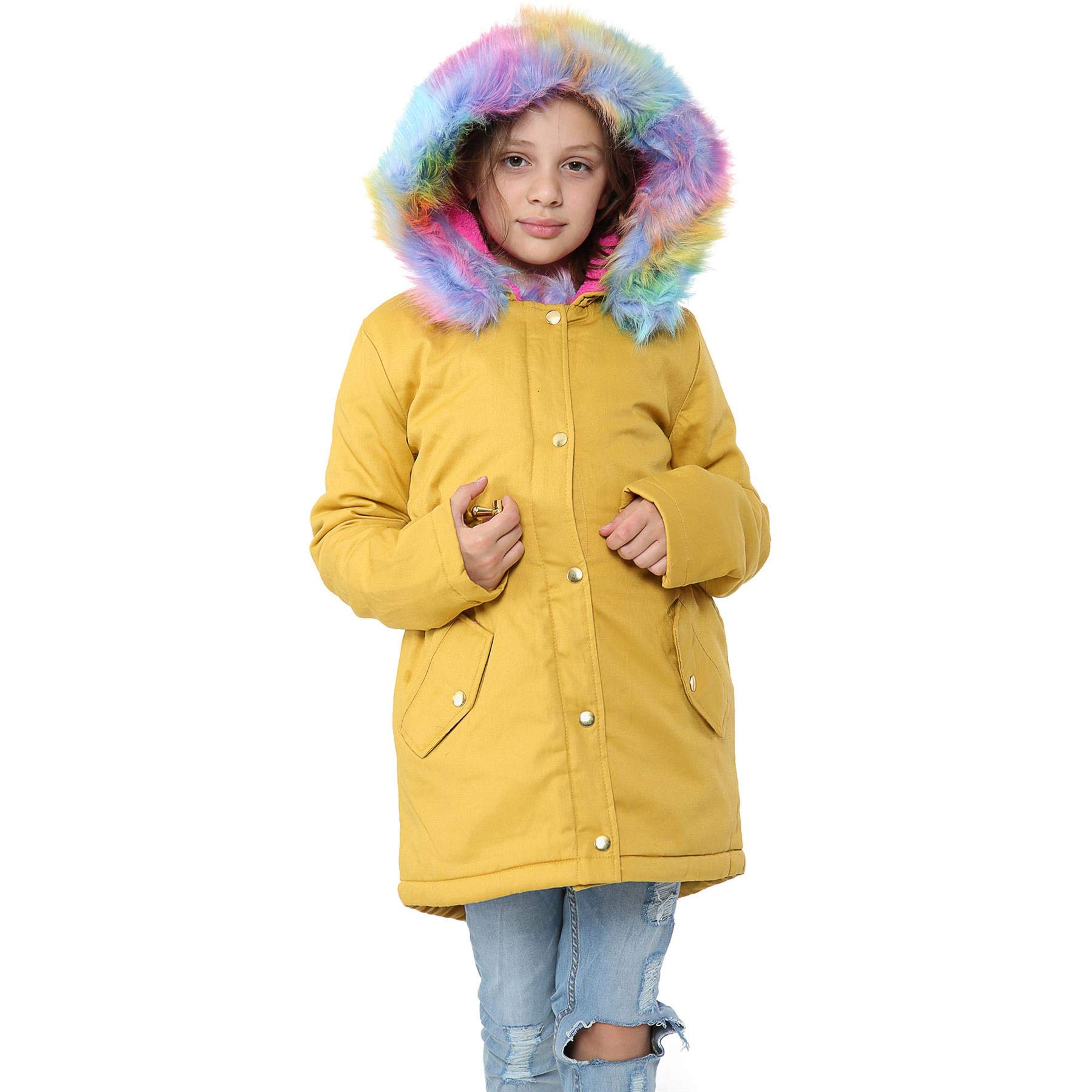 A2Z 4 Kids Faux Fur Lined Parka Hooded Jacket Girls Rainbow Faux Fur - Parka Jacket Rainbow Fur Mustard 3-4